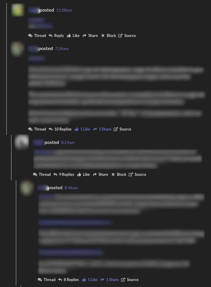 A post thread with several layers. The grey borders on the left side indicate layer depth.